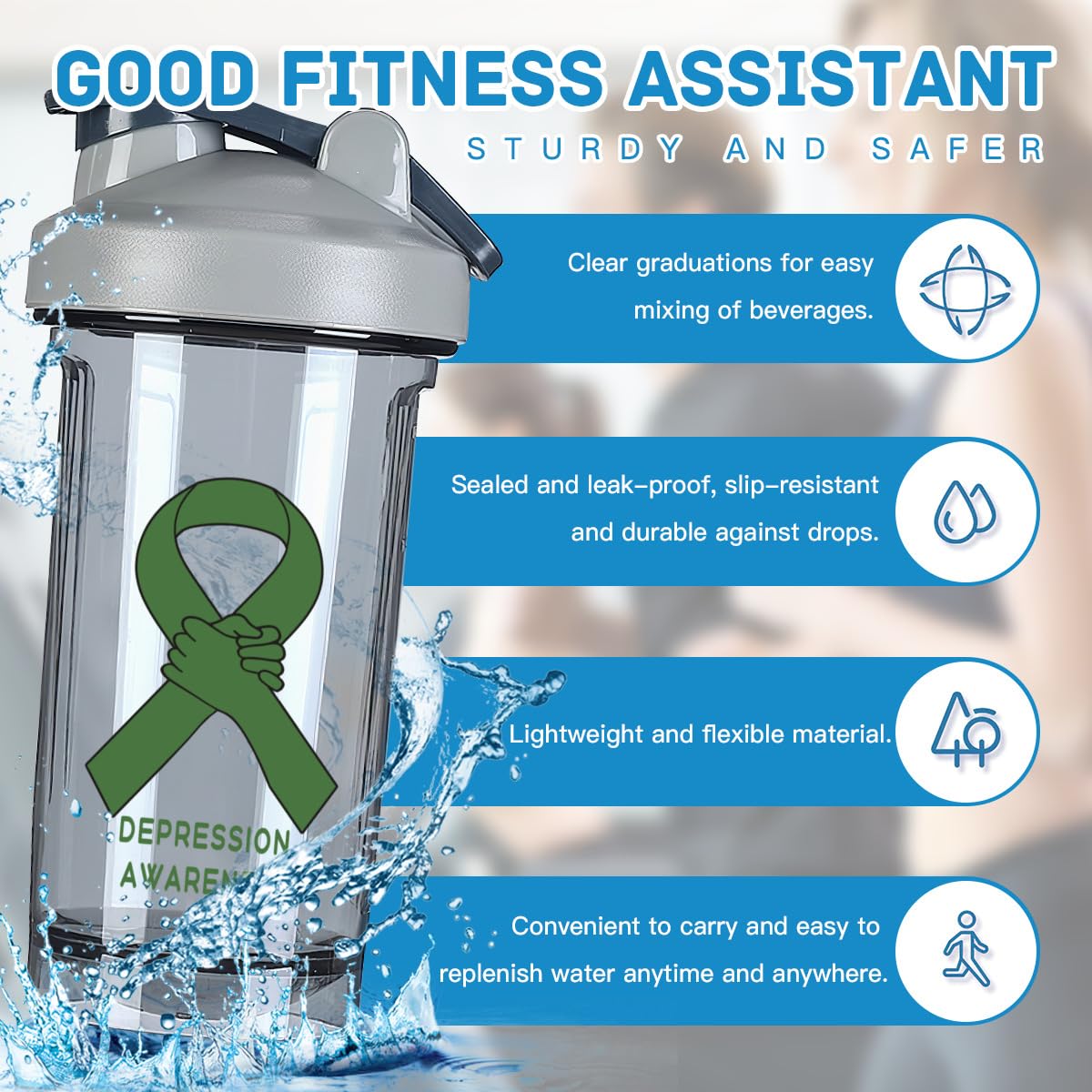 Depression Awareness 18 Ounce Shaker Cup,Fashion Theme Pattern Shaker Bottle Leak-proof Workout Shake Bottles 500ML/18 oz Perfect for Pre Workout