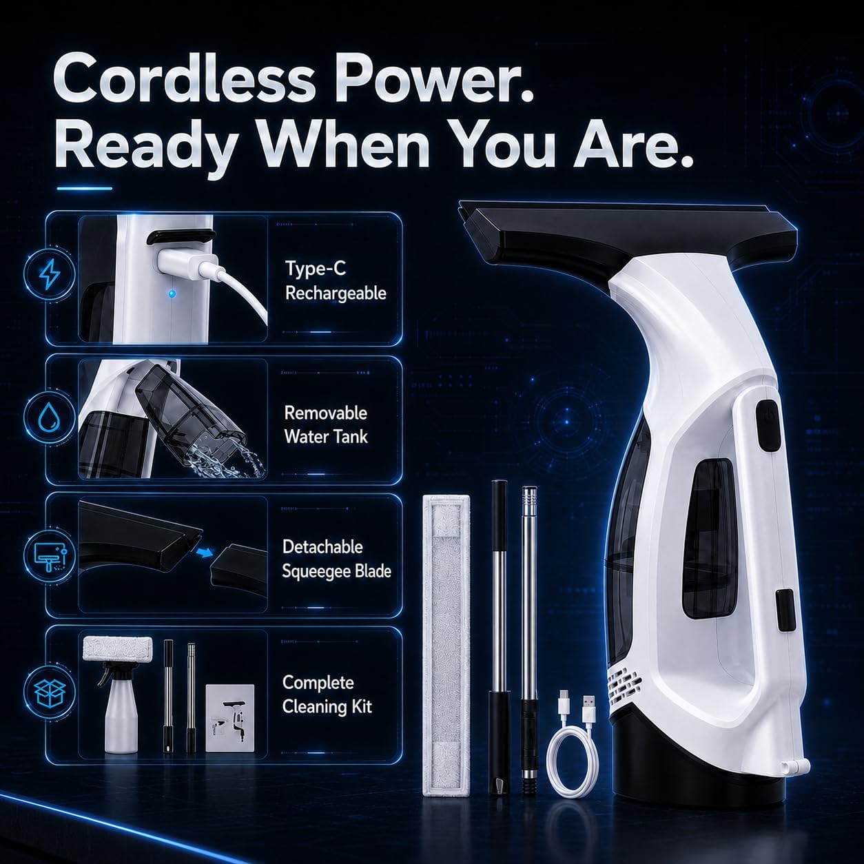 Window Vacuum Squeegee with Long Handle, Cordless Window Vacuum Cleaner, Electric Window photo 5