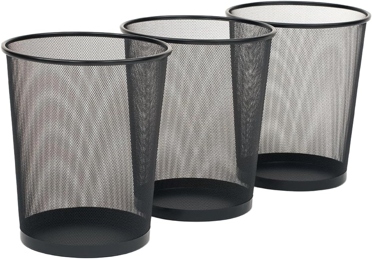 Seville Classics Small Cylinder Trash Can for Home or Office, 6 Gallon Mesh Round Bins, Lightweight, Steel Wastebasket Set for Garbage or Recycle, 3-Pack, Black