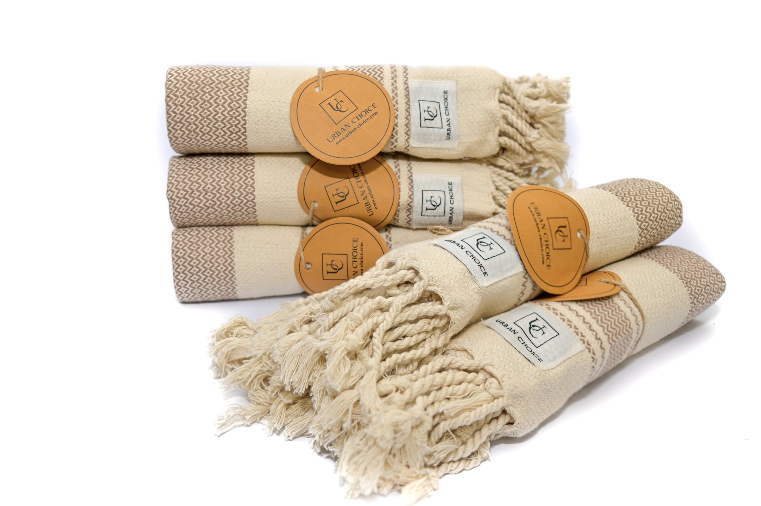 URBAN CHOICE Set of 6 - Turkish Kitchen Towels, Prewashed, 18" x 28", 100% Cotton, Decorative Kitchen & Dish Towels, Tea Towels, with Hanging Loop (Brown, 6 Pack - Diamond)