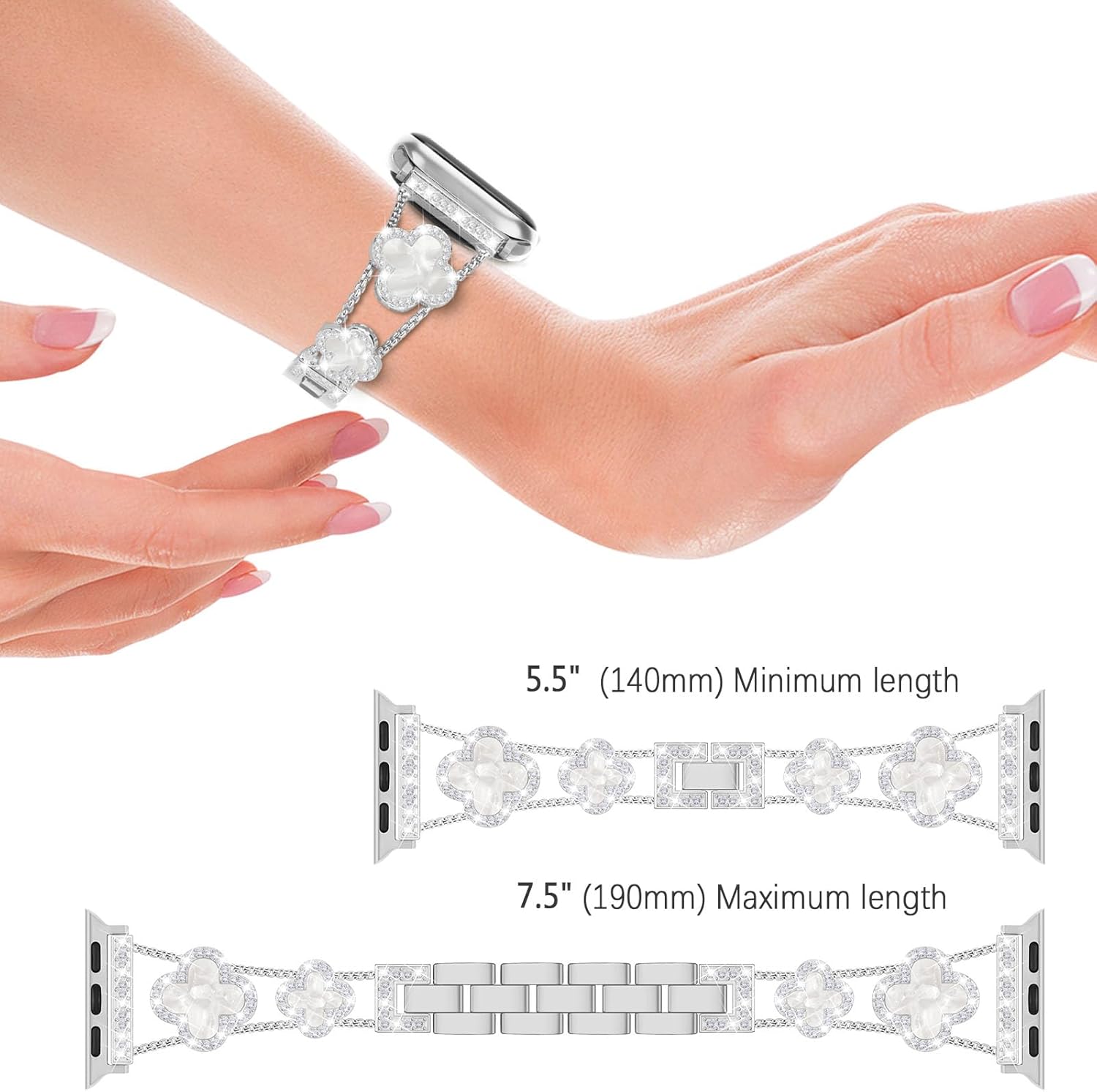 Bands Compatible with Apple Watch Band for Women 38mm 40mm 41mm 42mm 44mm 45mm 46mm 49mm, Bling Bracelet Designer Dressy Clover for iWatch Band Series SE Ultra 11 10 9 8 7 6 5 4 3 (Silver) - Image 4