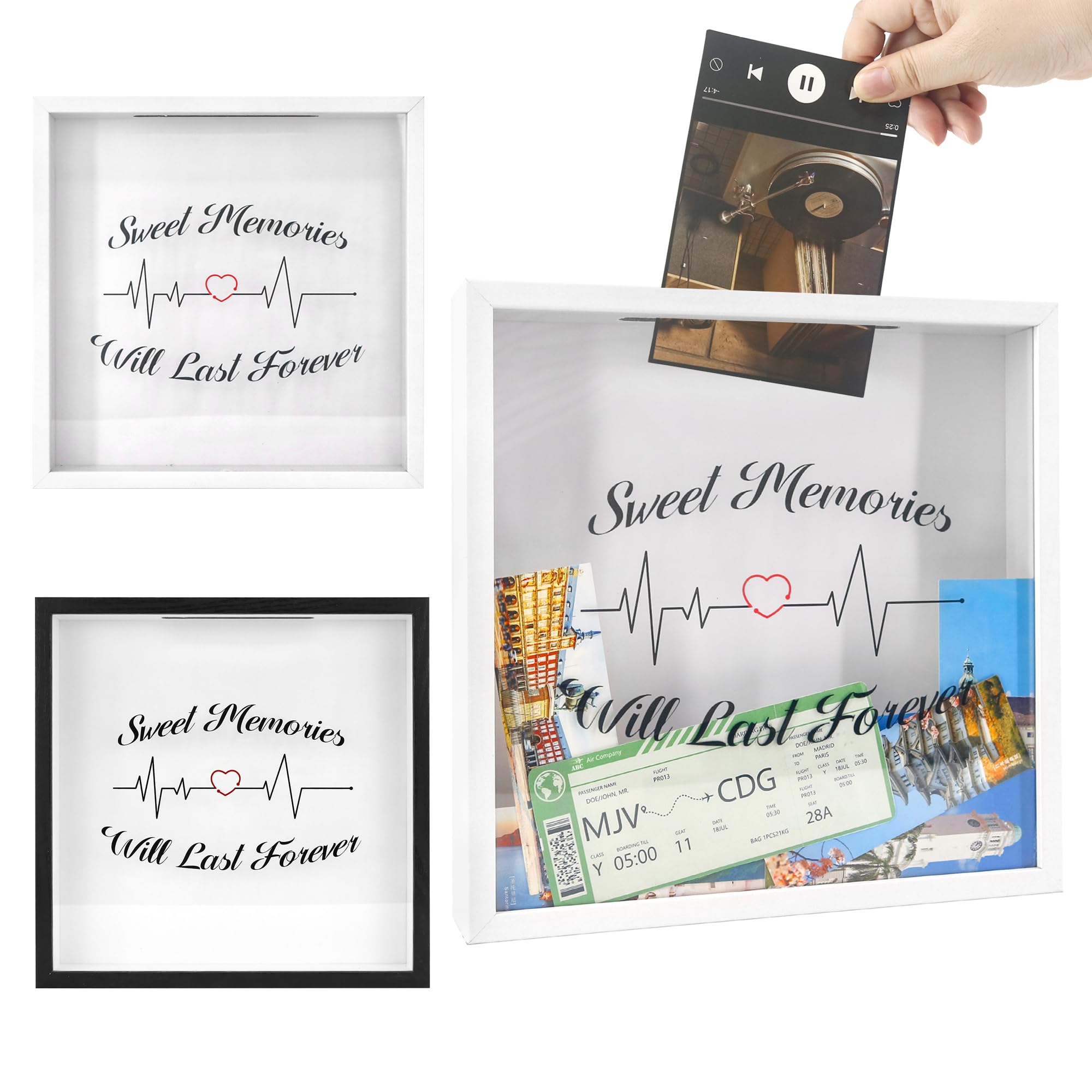 FramePro 30x30 3D Bilderrahmen Schattenbox mit Glasscheibe Ticketstummel Reise Abenteuer Archivbox Reise Liebe Weiß