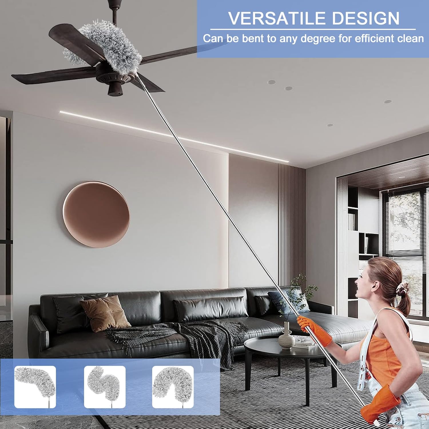 Dusters for Cleaning - Microfiber Duster with Extension Pole 35'' to 110'', Bendable Washable High Reach Duster for Cleaning Ceiling Fan, Furniture, Car, Gray
