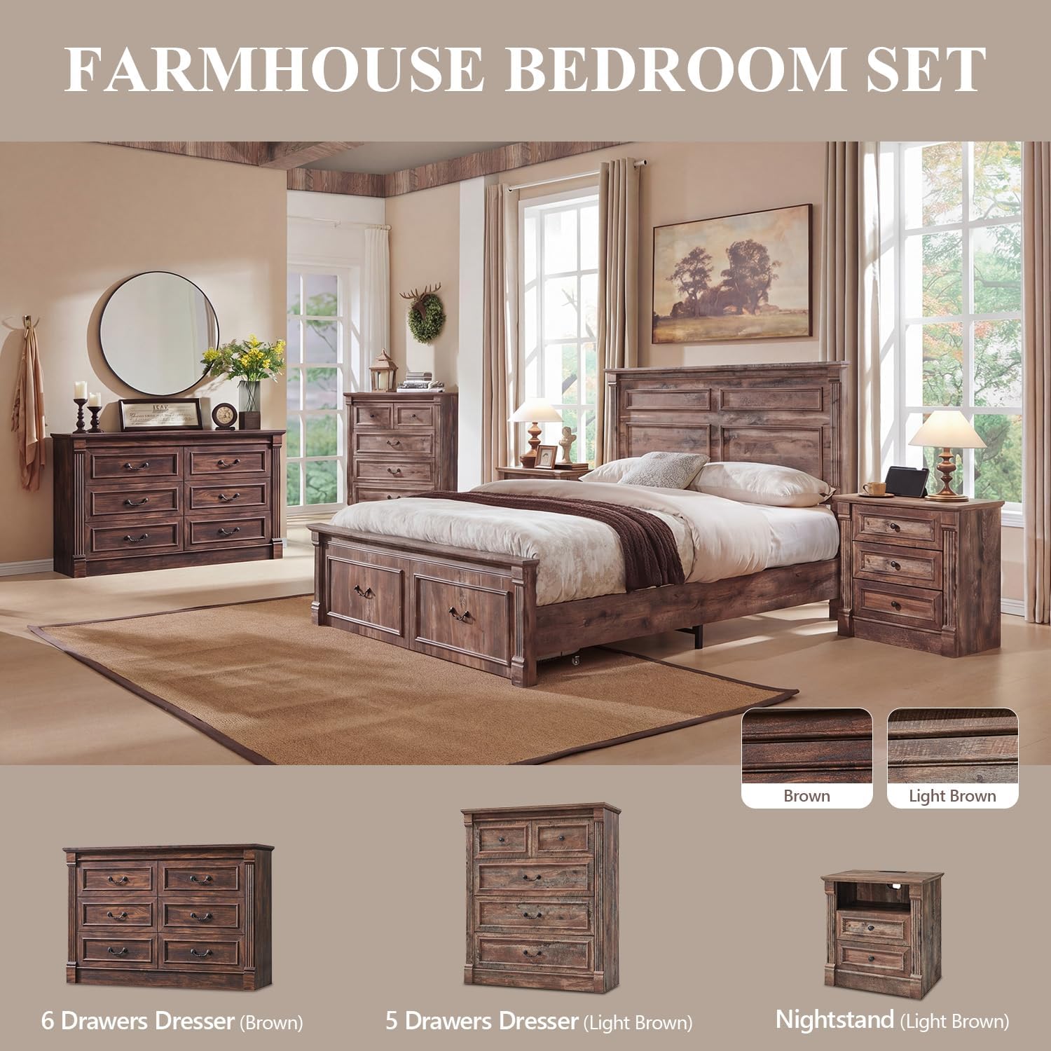 Aitjunz Farmhouse 6 Drawer Dressers for Bedroom, 47'' Wide Dresser & Chests of Drawers w/Roman Columns, Horizontal Wooden TV Stand Dresser w/Metal Handle for Bedroom, Hallway, Living Room, Brown thumbnail