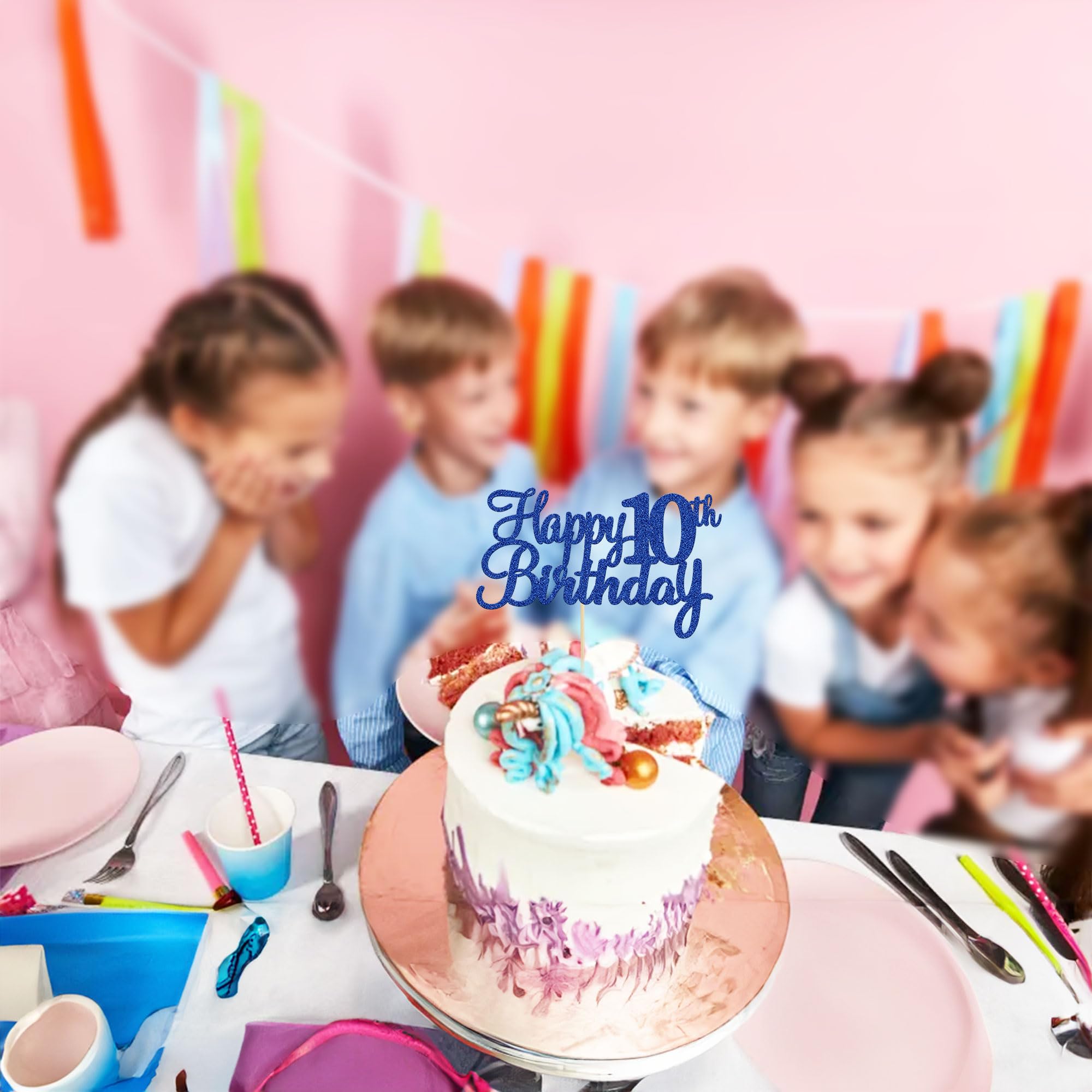 Gyufise 1Pc Happy 10th Birthday Cake Topper Blue Glitter 10th Birthday Cake Pick Cheers to 10 Years Old Ten Fabulous Cake Decorations for 10th Birthday Theme Party Supplies 2