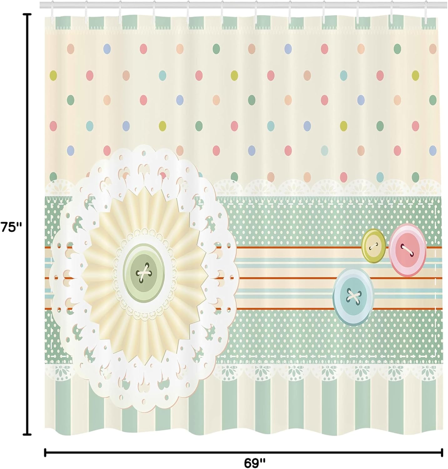 Ambesonne Shabby Flora Shower Curtain, Sewing Theme Border with Button Floral Patch Traditional Lace Like Dots Print, Cloth Fabric Bathroom Decor Set with Hooks, 69" W x 75" L, Mint Eggshell