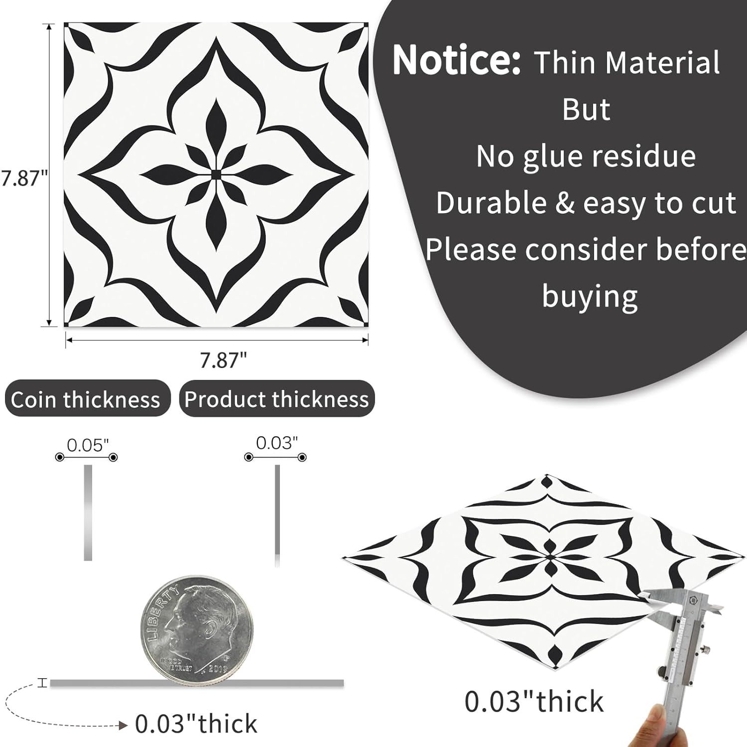 MORCART Peel and Stick Floor Tile, Vinyl Flooring Self Adhesive DIY: Square White+Black Flowers 8" x 8" 20 PCS, Waterproof and Removable Tile Sticker for Bathroom, Kitchen, Wall Staircase FT-1626