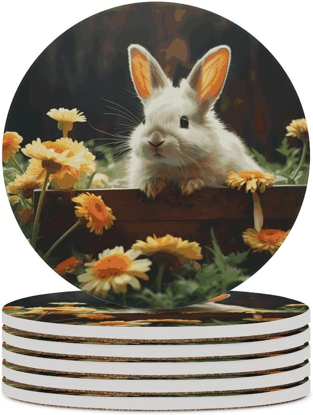 Rabbit and Flower Coasters Round Coasters Set Ceramic Stone Coaster with Cork Base Coffee Cup Beverage Cup Mat Cute Funny Table Drinks Coaster for Mugs and Cups Office Kitchen