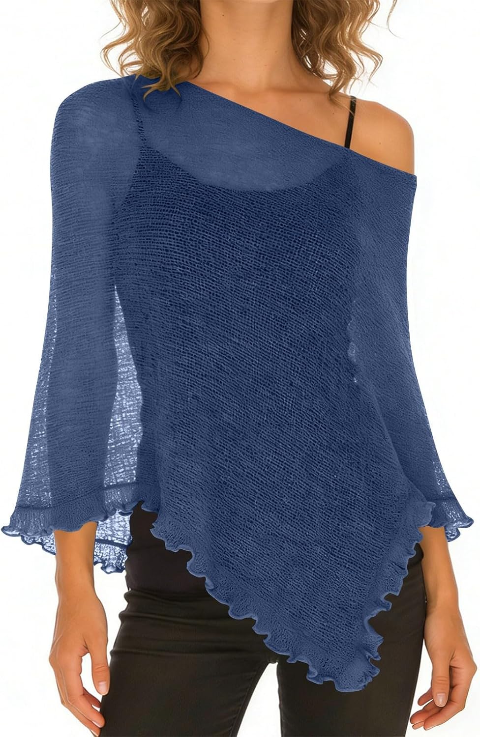 Women Sheer Poncho Top Knit Lightweight Summer Shrug Pullover Cover Up Summer Trendy Beach Vacation Mesh Blouse