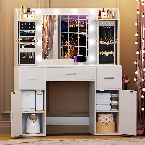 EasyCom Makeup Vanity Desk with Lights and Mirror, Vanity with Storage Rotating Jewelry Organizers, Dressing Table with USB-C Charging Station, 3 Drawers & 2 Cabinets for Bedroom, Dressing Room, White