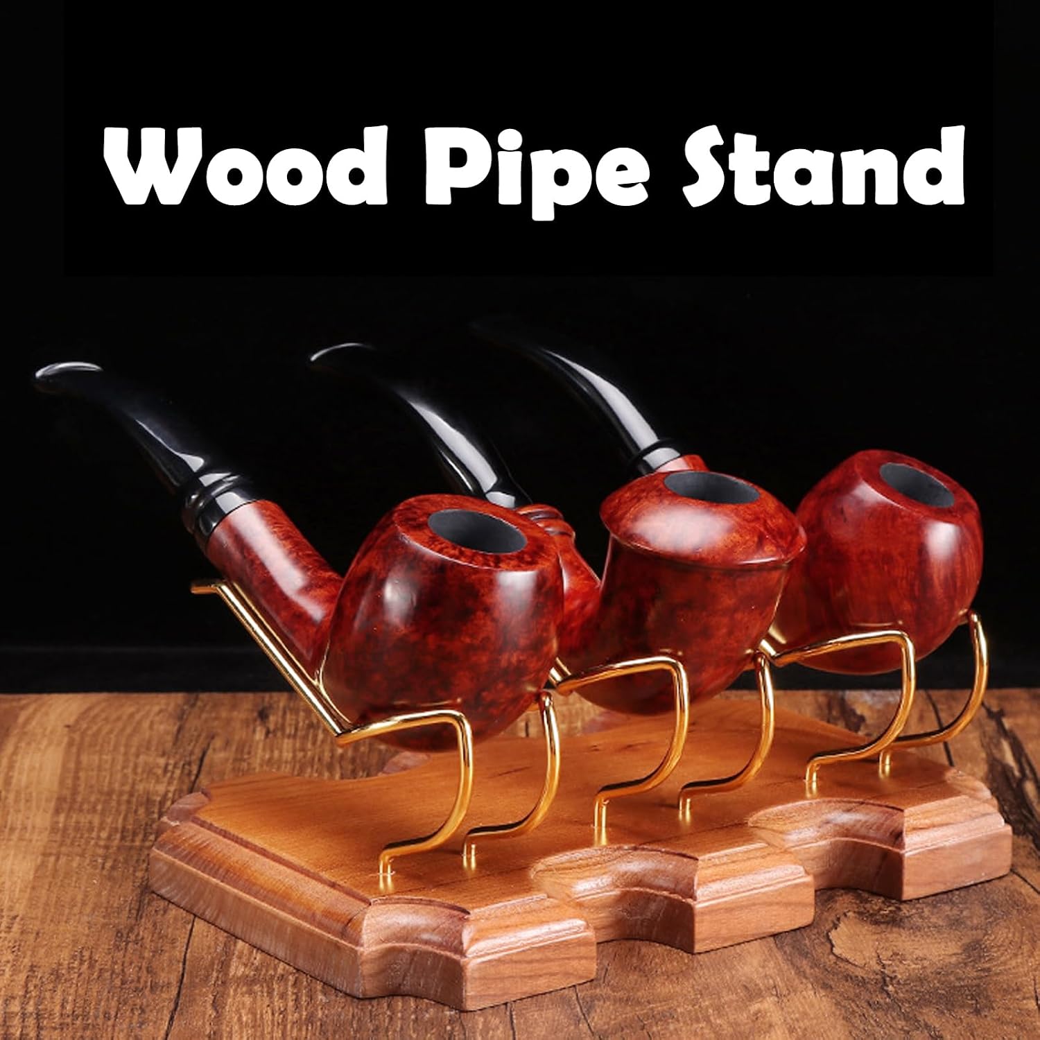 Wooden Pipe Stand Holder, Pipe Stand Display with 3 Metal Slots, Family Home Pipe Accessories