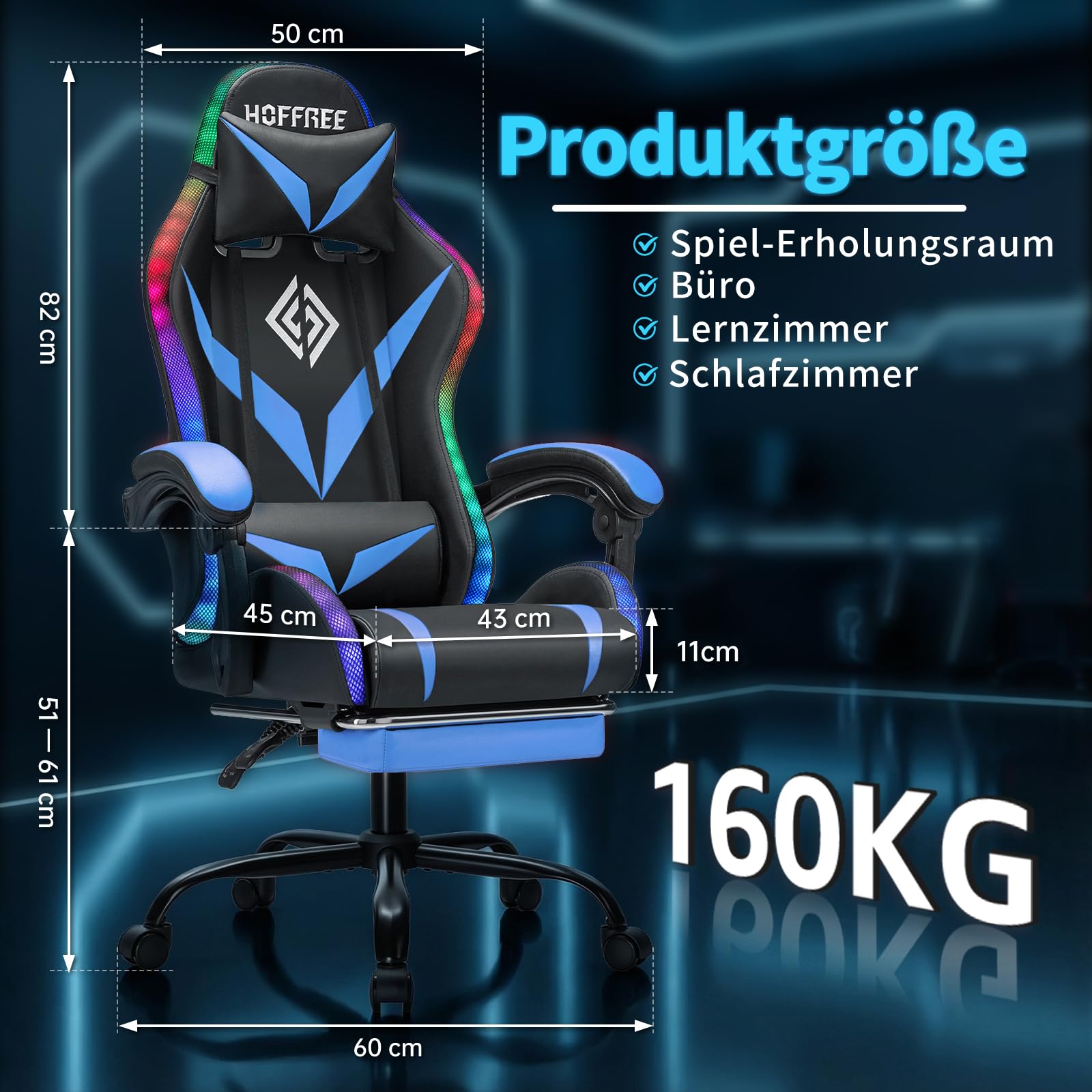 LED Gaming Stuhl mit Lautsprechern 135°Computer Stuhl mit RGB Lichter-Blau | Bluetooth Spielstuhl mit Massage Lumbalstütze;Liegestühle mit Fußbrett;PC Gaming Sessel für Erwachsene Gaming Arbeit Lernen