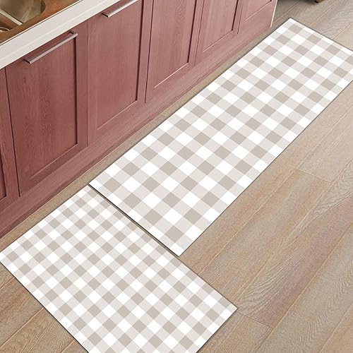 Miniatura 3 de Juego de 2 tapetes de cocina a cuadros beige y marrón, antideslizantes, lavables, antifatiga, alfombra de absorción de agua para dormitorio, baño,