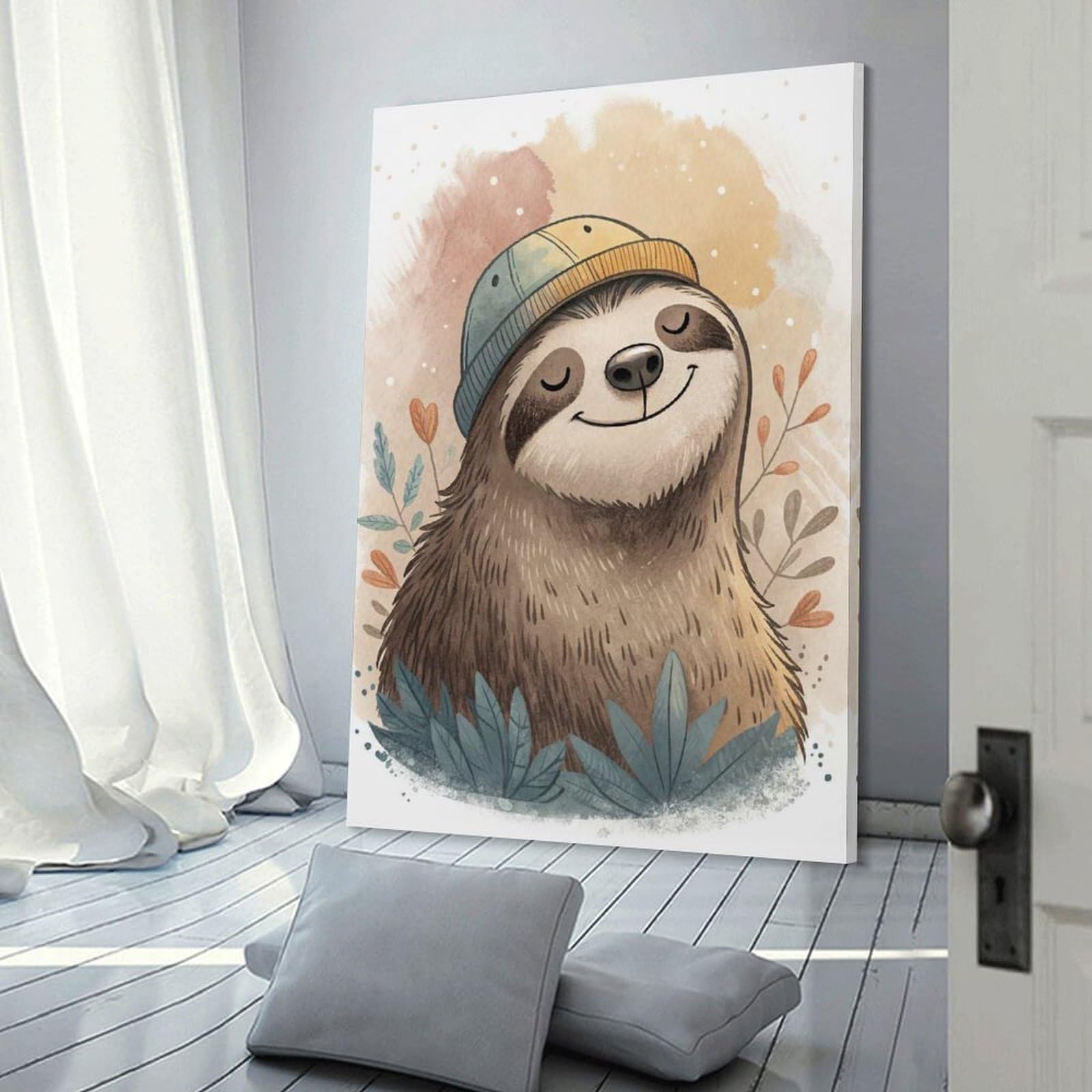 Junmoney Wall Picture Print Cute Sloth Wearing A Beanie, 20x30inch(50x75cm), for Entrance Walls, Hall Decor Or Foyers, A Neat Decor Update for Hallways