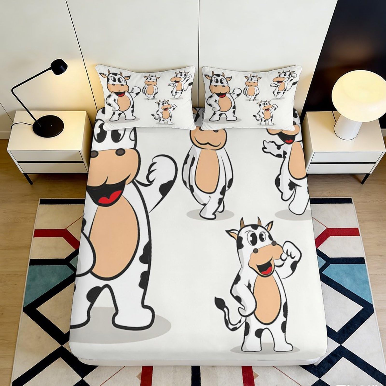 3D Printed Cartoon Cow Fitted Sheet Microfiber Soft Breathable Animal Mattress Cover for Bedroom Dorm Decor 90x200x25cm