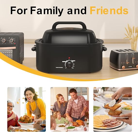 RoyalCraft 26-Quart Electric Roaster Oven with Visible Self-Basting Lid, Turkey Roaster Oven with Removable Pan and Rack, Perfect for Large Meals and Holiday Feasts, Black