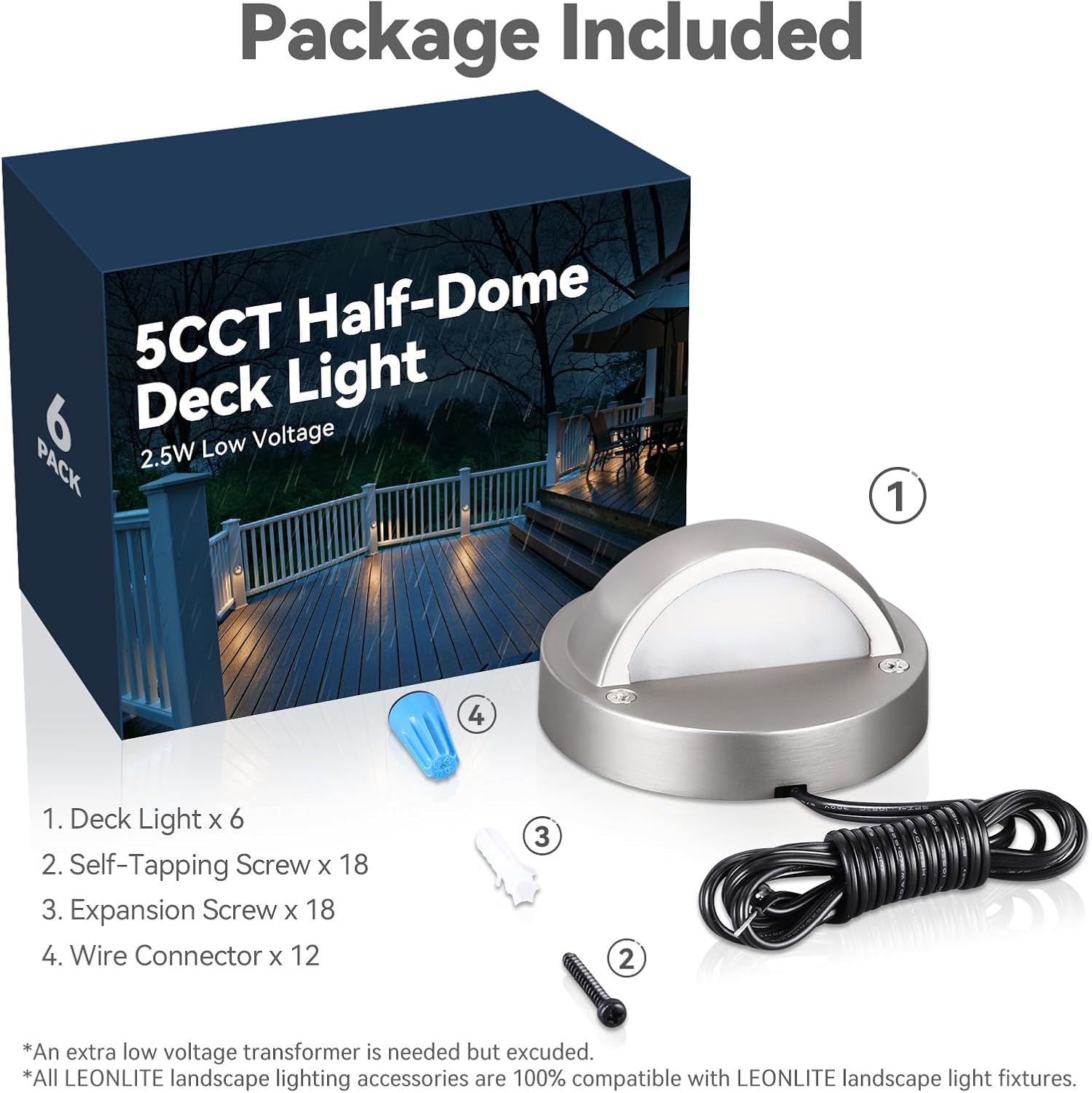 LEONLITE Update 5CCT LED Low Voltage Deck Light, 180LM 3.5inch Landscape Step Railing Fence Light, 12-24V AC/DC, CRI90, Die-cast Aluminum Housing & Frosted Glass Lens, UL Cord, Satin Nickel, Pack of 6