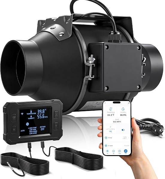 Wentylator rurowy 150 mm z aplikacją WiFi, 683 m³/h, 2800 RPM, inwerterowy wentylator z inteligentnym regulatorem temperatury i wilgotności, kabel 3 m, do namiotów uprawnych, wentylacji hydroponicznej