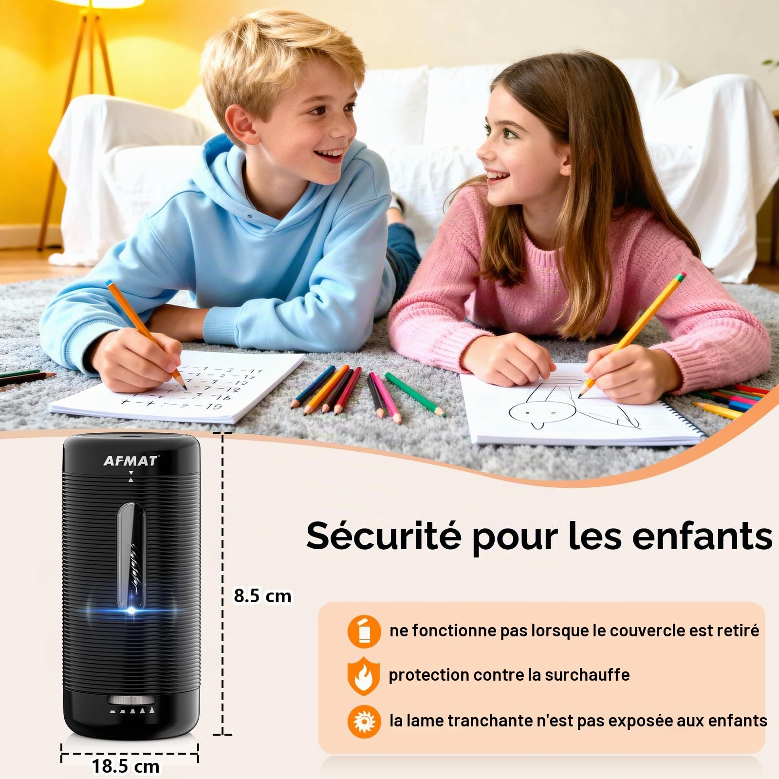 AFMAT Taille-crayon électrique entièrement automatique avec récipient, rechargeable pour crayons de 6,5 à 12 mm, entrée et sortie automatique, arrêt automatique pour la maison, le bureau, l'école