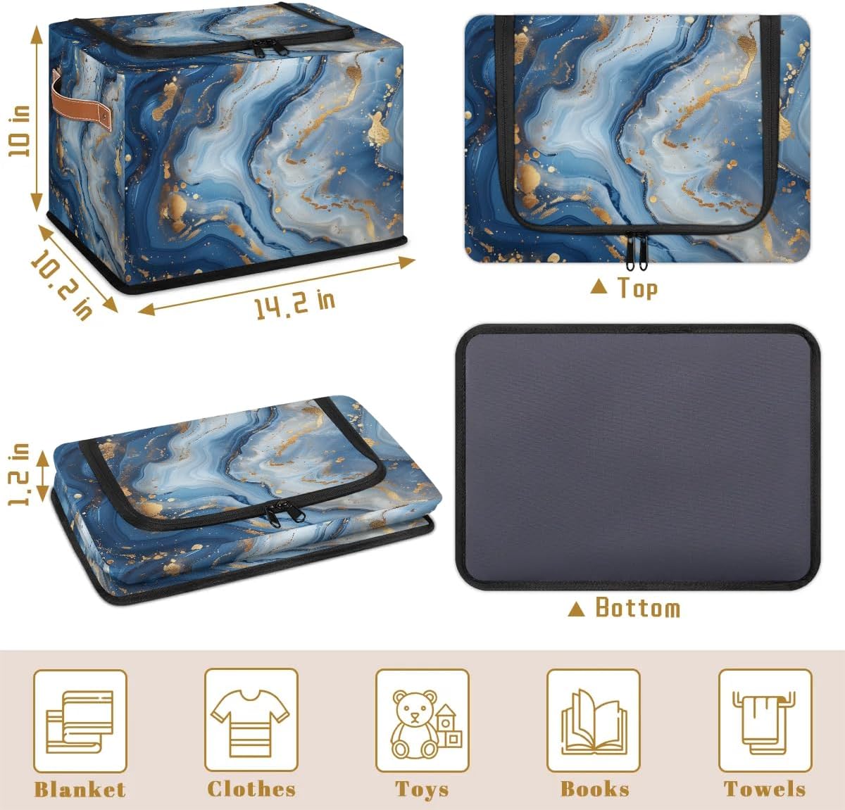 Marble Blue Gold Storage Bins with Zipper Lid 2pcs Stackable Storage Baskets Boxes with Metal Frame Closet Storage Cube Bin Organizer with PU Handles Clothes Storage Bag