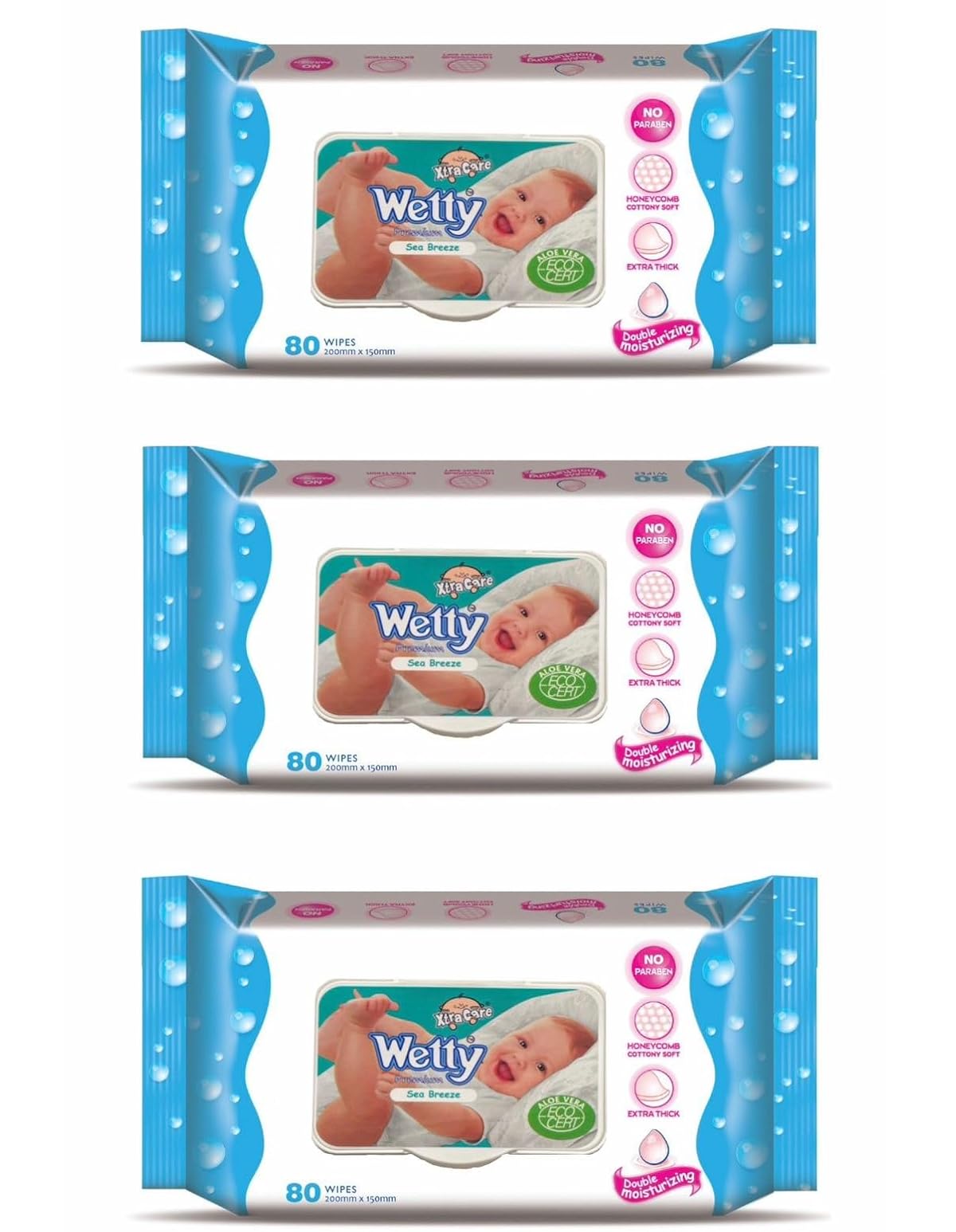 Baby Wetty Premium Wet Wipes - Sea Breeze 80 Wipes/Pack, Pack of 3