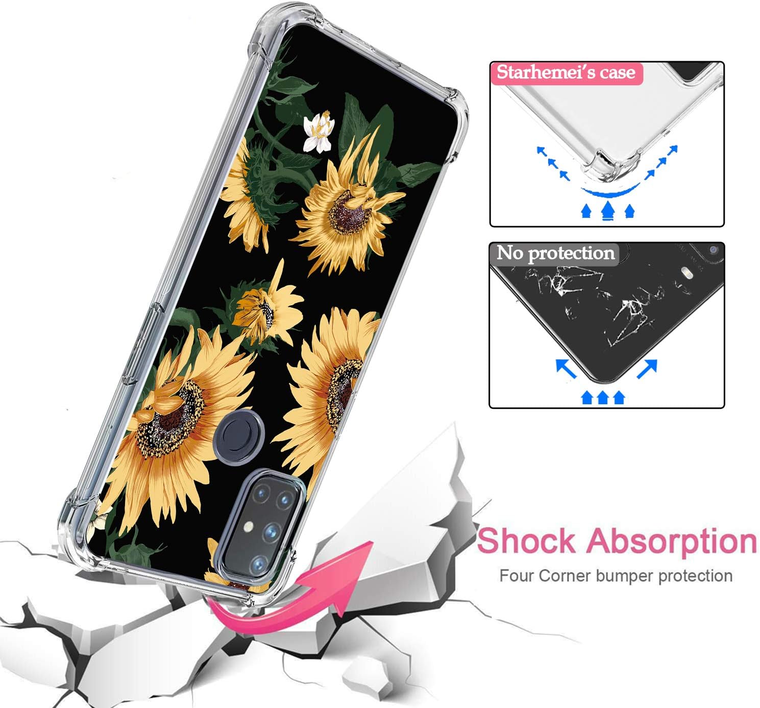 Starhemei for OnePlus Nord N10 5G case, Case for OnePlus Nord N10 5G, Soft TPU Shock Absorption Flexible Gasbag Protection Case Cover for OnePlus Nord N10 5G (Flower&Black)