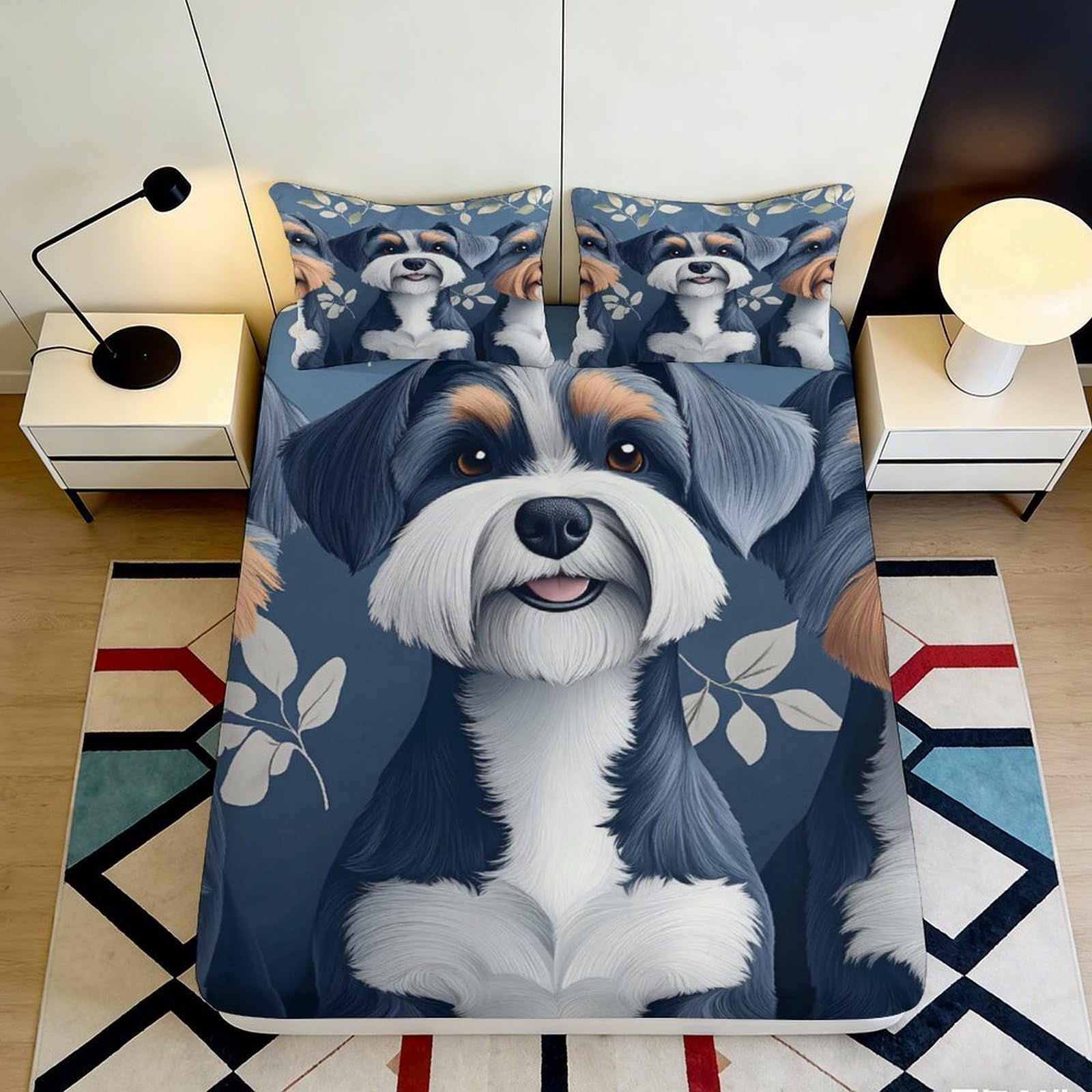 3D Printed Cartoon Dog Pattern Fitted Sheet Microfiber Anti-Slip Mattress Cover for Bedroom Dorm Easy Care Decor 140x200x25cm
