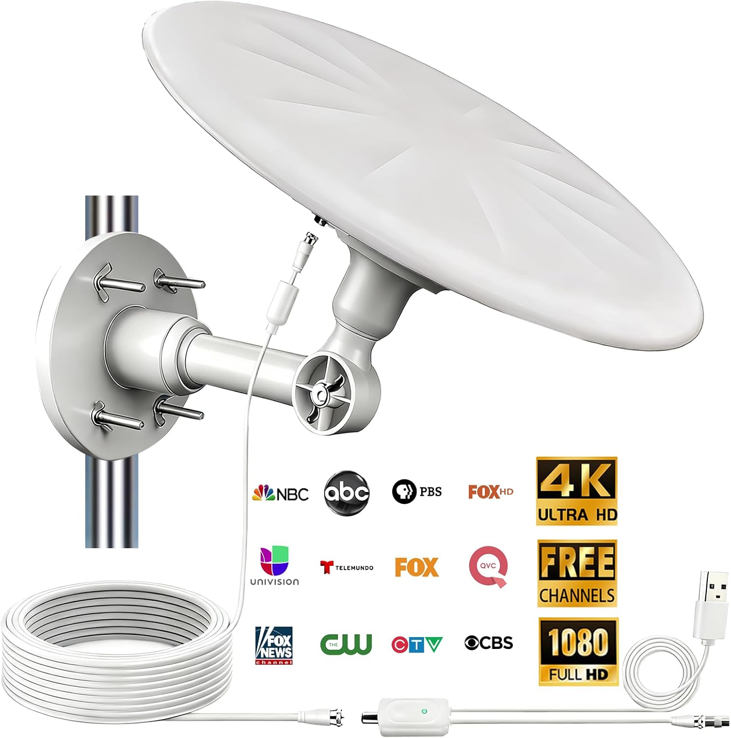Omni Directional Outdoor TV Antenna, Outdoor Antenna for Smart TV, 720° Long Range Reception Digital HD Signal, with Super Signal Booster, for Attic/Camper/RV/Boat, Black