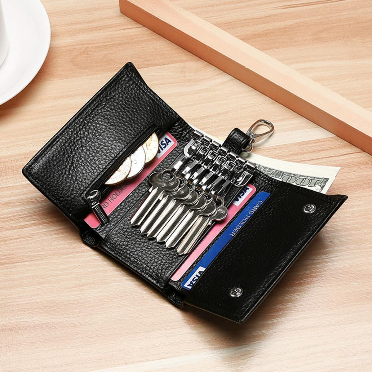 Leather Key Case Wallet Keychain Key Holder 6 Hanging Buckle Hooks Snap Closure Black image 3 of 9 B073TQYZKN