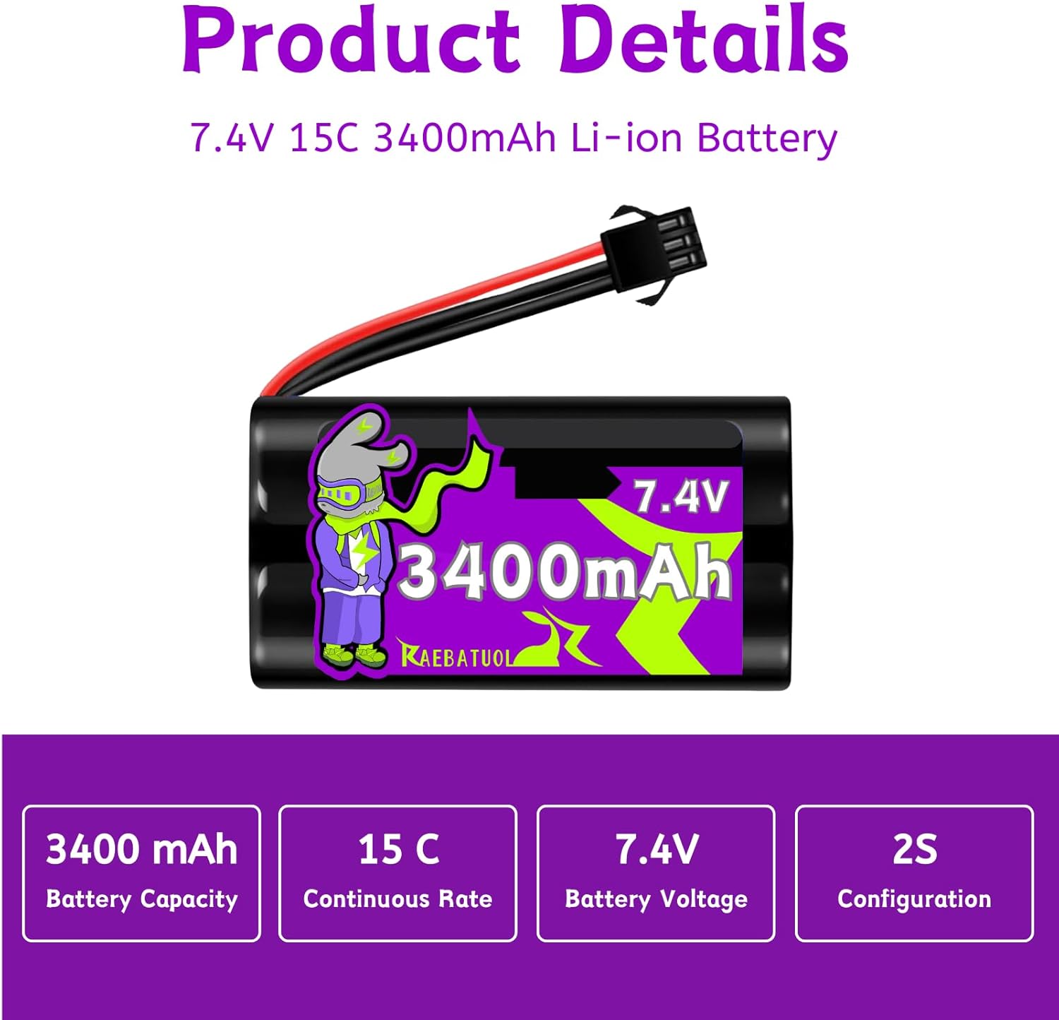 3400mAh 7.4V Li-ion Battery with SM-3P Plug,Rechargeable High Capacity RC Truck Battery for G03060R,Huina 1575,DE43 DE60 Racing Car New Version Amphibious RC Trucks with 1 USB Charger