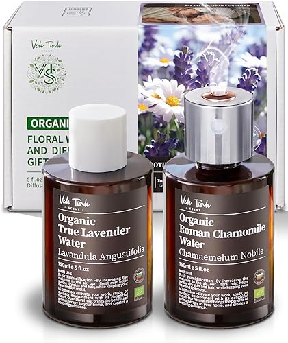 VTS Agua orgánica de lavanda y manzanilla romana floral con difusor, ambientador de aromaterapia mini humidificador (5 onzas líquidas de hidrosol de
