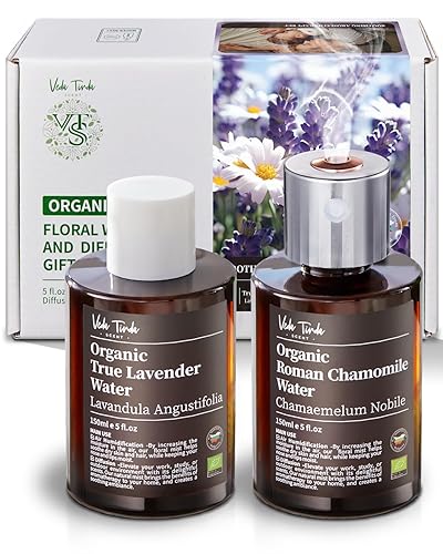 VTS Agua orgánica de lavanda y manzanilla romana floral con difusor, ambientador de aromaterapia mini humidificador (5 onzas líquidas de hidrosol de