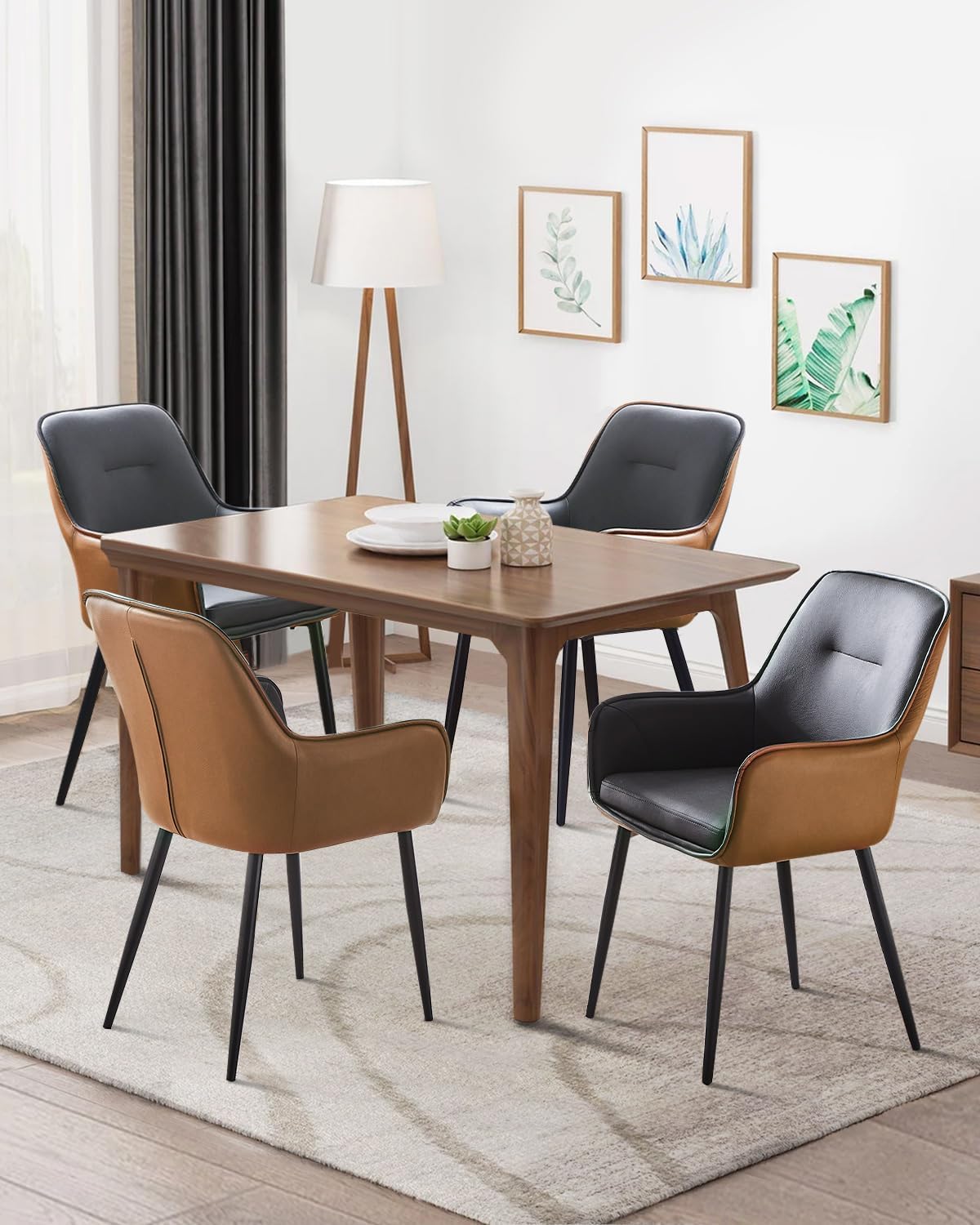 TUKAILAi Dining Chairs Set of 2, Faux Leather Dining Chairs with Arms, Upholstered Mid-Century Kitchen & Dining Room Chairs with Metal Legs, Modern Reception Chair for Living Meeting Room - Grey+Brown