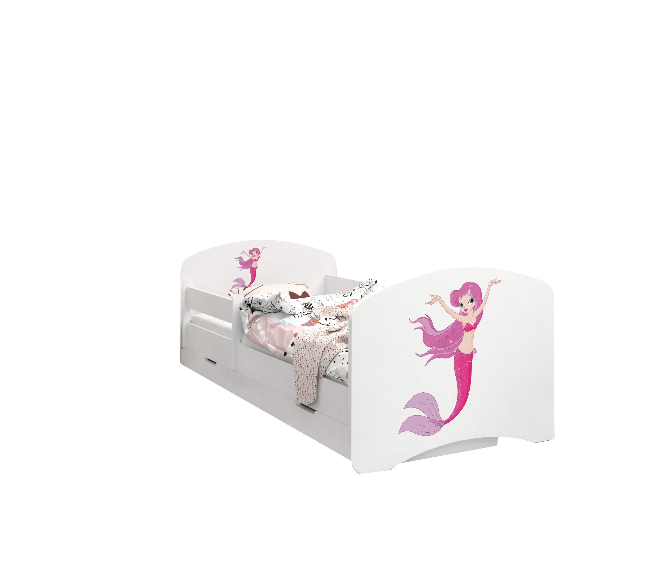 Happy Babies - Dwustronne łóżko dziecięce z szufladą Nowoczesne wzornictwo z bezpiecznymi krawędziami i zabezpieczeniem przed upadkiem materac piankowy 7 cm. (140x70, 21. różowa syrenka)