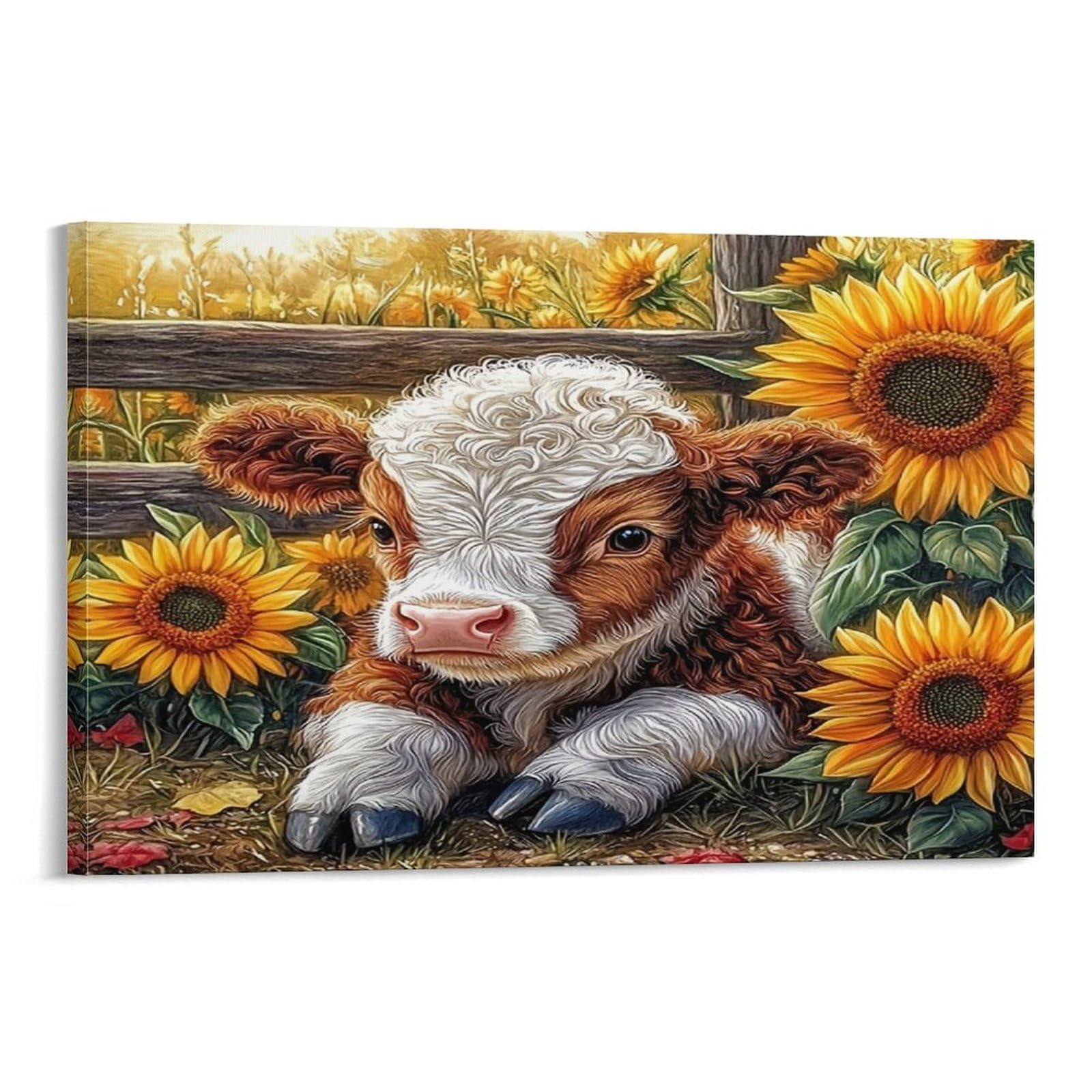 CPLVKWRQJ Cute Calf Sunflowers Individual Fluffy Calf Sunflower Wooden Fence Canvas Wall Hanging - Office Wall Focal Art Fade Resistant Statement Piece Decor 20x30inch(50x75cm)