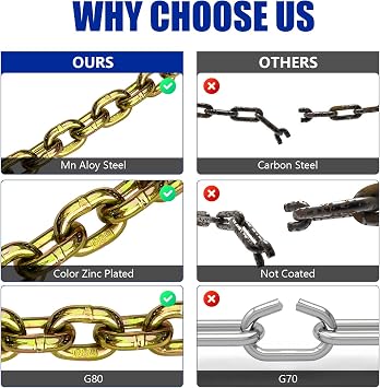 3/8 Chain Trailer Chains with Hooks, Grade 80 Tow Log Chain 7100 lbs Working Load for Truck Farm Construction
