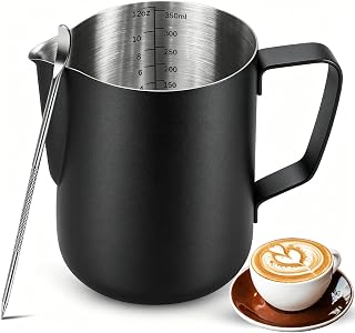 Milchkännchen zum Aufschäumen, 350 ml, Edelstahl, Milchkännchen mit Latte Art Stift, mit Innenmaßen, für Cappuccino, Espresso und mehr