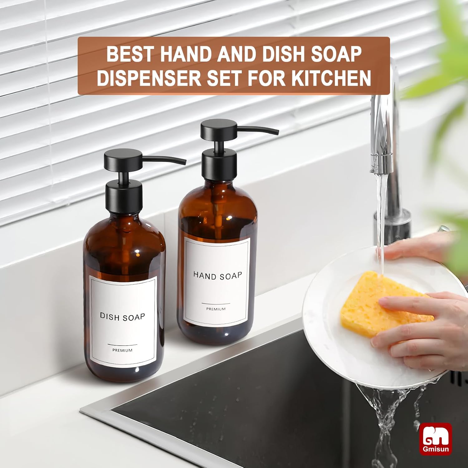 GMISUN Amber Glass Soap Dispenser, 6 Pack Bathroom Hand Soap Dispensers with Stainless Steel Pump, 17 Fl Oz Kitchen Hand and Dish Soap Dispenser Set, Modern Vintage Liquid Brown Soap Dispensers Bottle