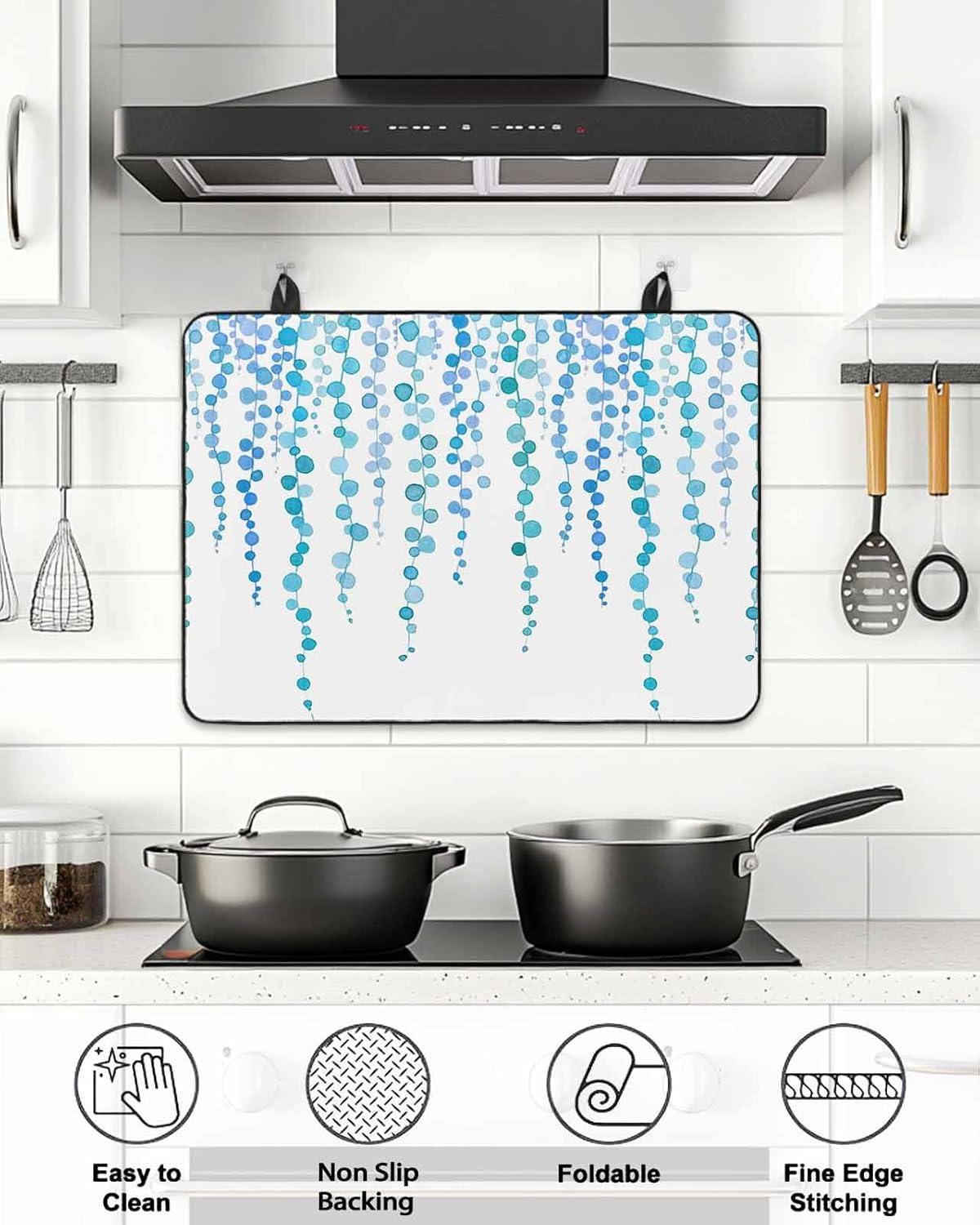 Stove Top Cover Teal Blue Polka Dots Vines Stove Cover for Electric Stove Top Lines Art Glass Cooktop Covers Anti-Slip Mat Heat Resistant Countertop Protector Kitchen Decor 28.5"x20.5"