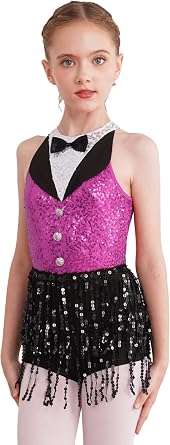 JEATHA Kids Girls Sleeveless Sparkly Sequins Leotard Tassels Fringed Dress Latin Jazz Dance Costume
