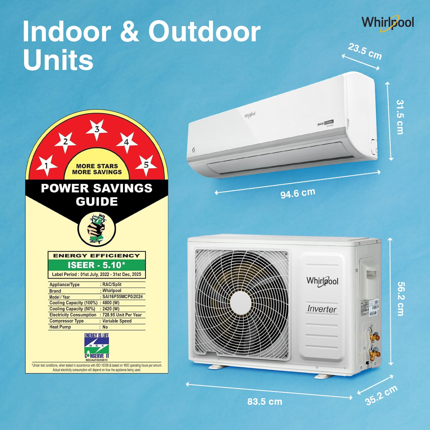 Whirlpool 1.5 Ton 5 Star, Magicool Inverter Split AC (MAGICOOL 15T 5S INV CNV S5K2PP0, Copper, Convertible 4-in-1 Cooling Mode, HD Filter White) - Image 9