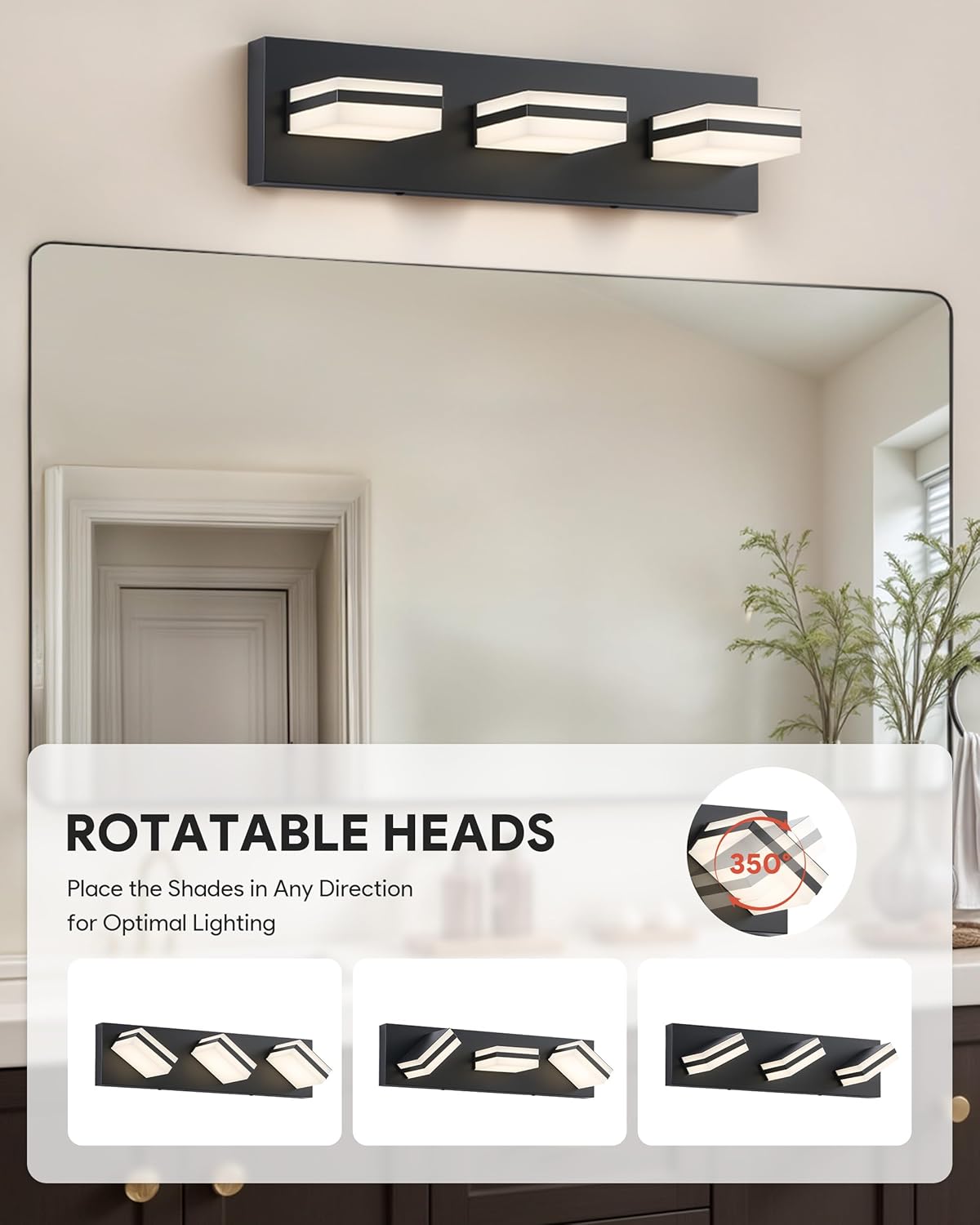 VONLUCE Bathroom Vanity Light Fixture, 3-Light Modern LED Vanity Lights, 3CCT Adjustable Bathroom Light with Memory Function Rotatable Shades, 18" Wall Lighting Fixture Over Mirror, Matte Black