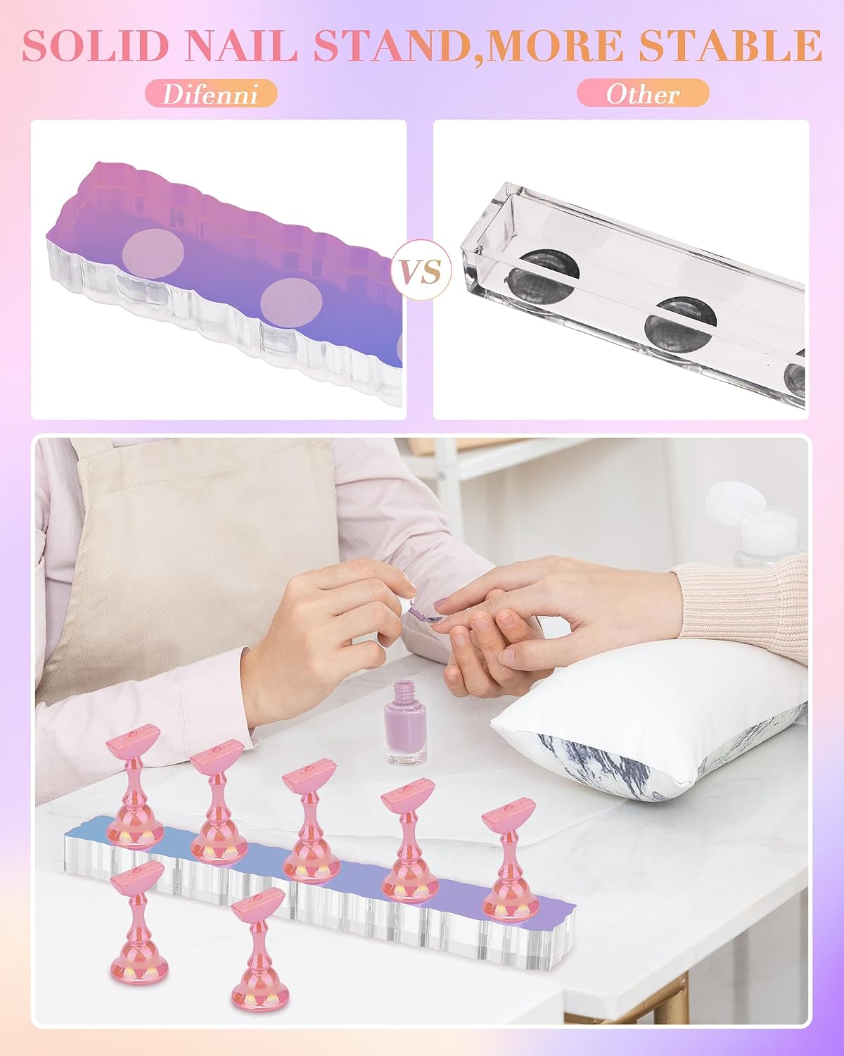 Nail Stand Acrylic Nail Art Display Stand Magnetic Nail Tips Practice Holder 54 Pcs Reusable Adhesive Putty for DIY Painting Nails Stand kit (Aurora Pink) image 3