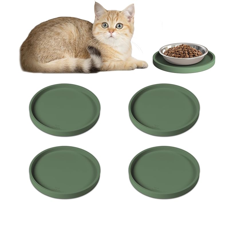 Tapete para Comedouro de Gatos e Cães em Silicone com Bordas Elevadas Arespark Olive Green, Pacote com 4
