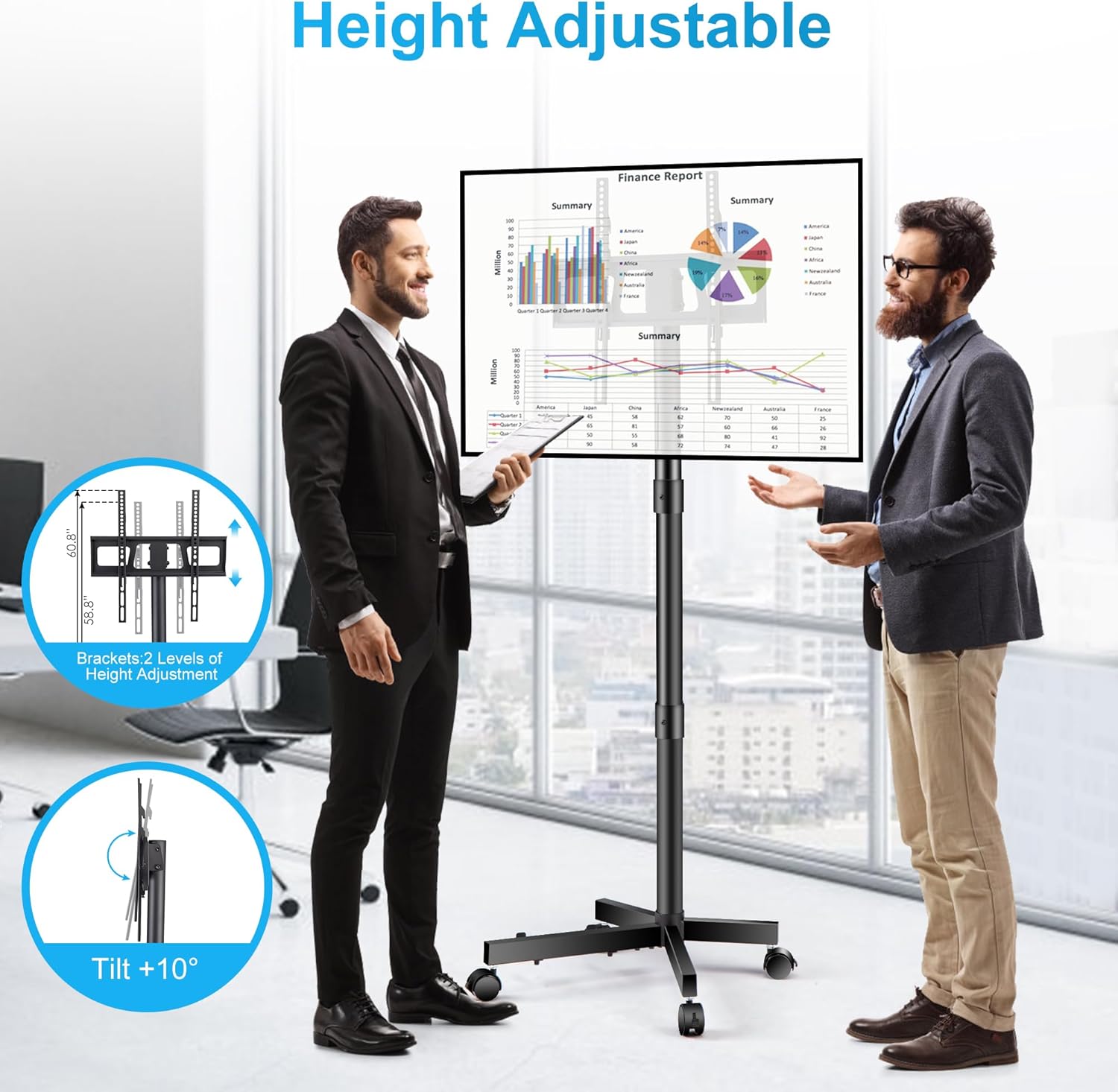 Rolling TV Stand for 23-60 Inch LCD LED Flat Curved Panel Screens TVs, Height Adjustable Mobile TV Stand with Locking Wheels up to 55lbs, Tilting Smart TV Cart Max VESA 400x400mm