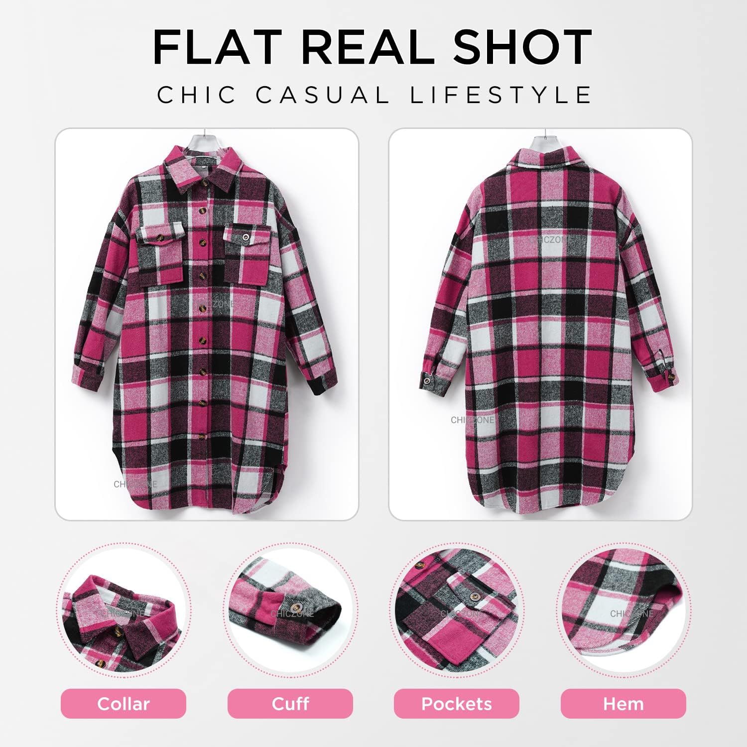 CHICZONE Womens Plaid Shacket Jacket Long Corduroy Shirt Casual Lapel Button Down Flannel Trench Coats - Image 5