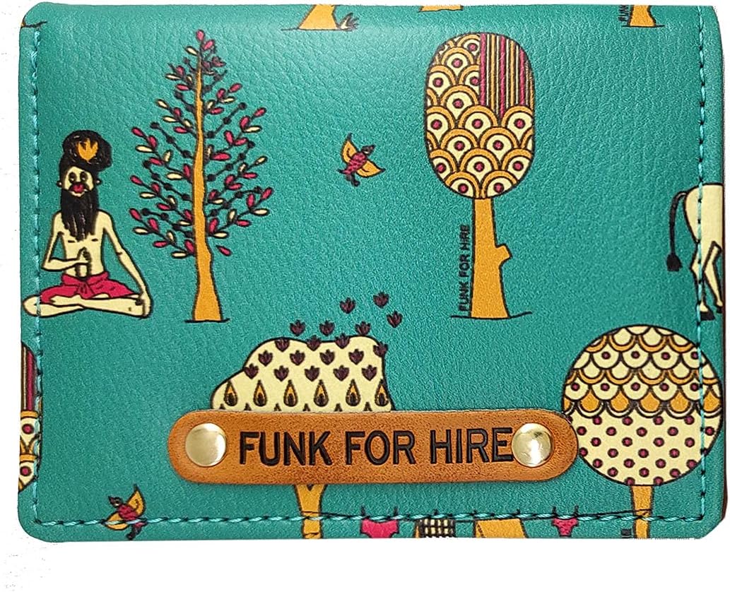 Teal Graphic Printed Leatherette Card Holder Wallet – Unisex, 6 Card Slots, Coin Pouch, Compact Bifold Design, Lightweight, Made in India