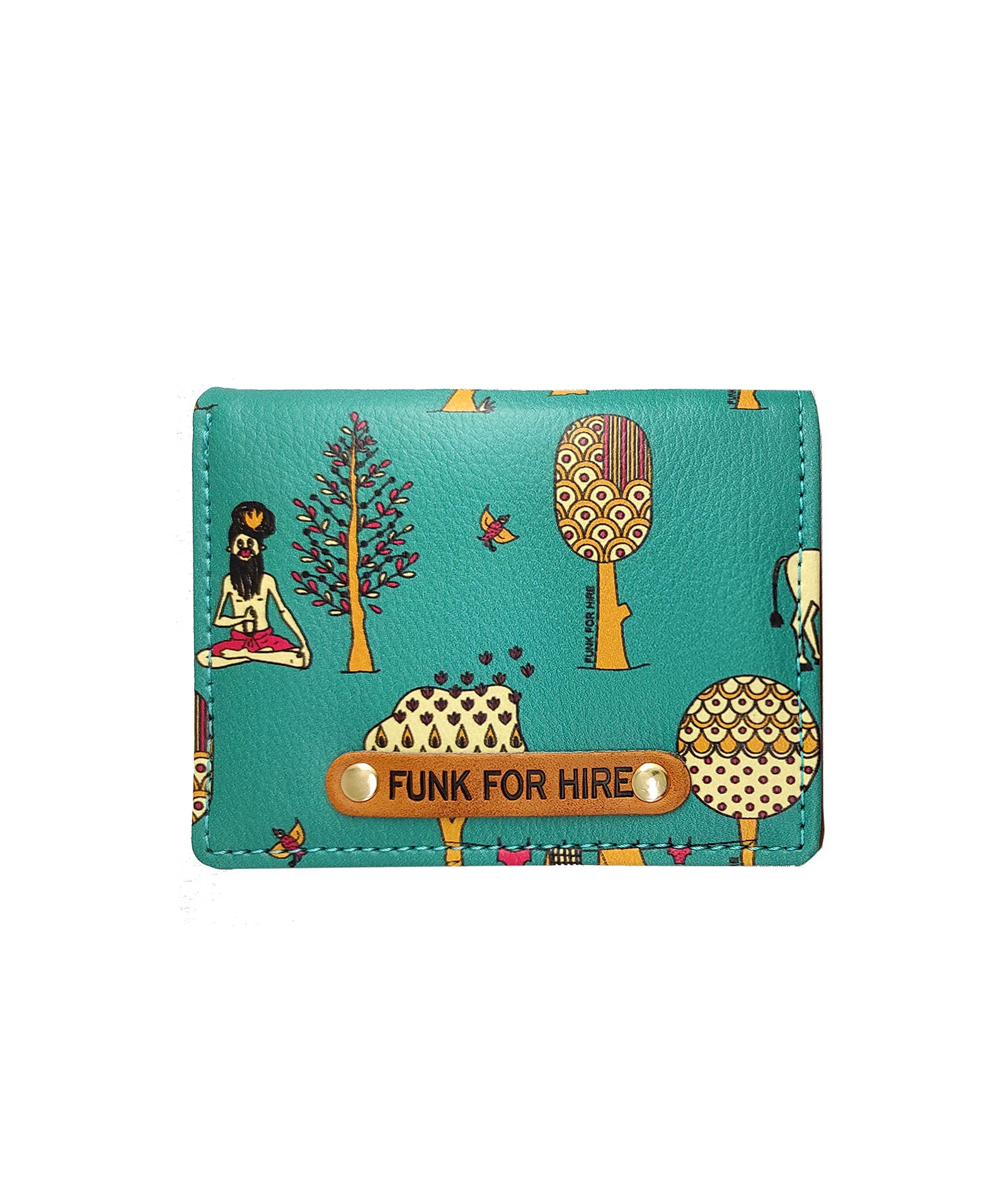 Teal Graphic Printed Leatherette Card Holder Wallet – Unisex, 6 Card Slots, Coin Pouch, Compact Bifold Design, Lightweight, Made in India