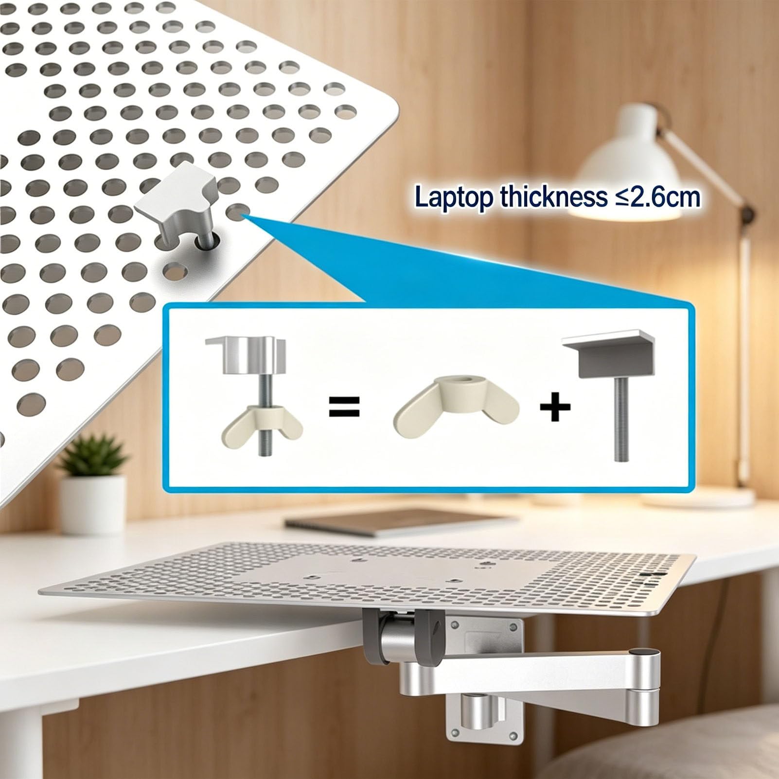Brazo de Montaje en Pared para portátil con rotación de 360°, Soporte Ajustable con ventilación y Bandeja para ratón Desmontable para la Oficina en casa