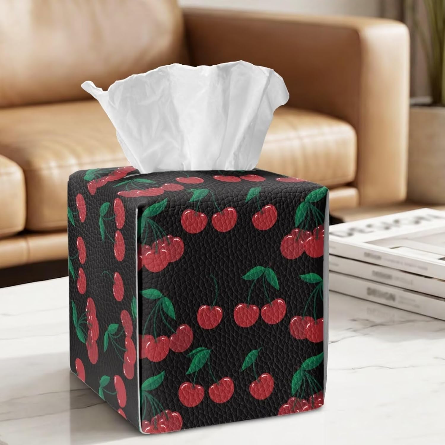 Wanyint Facial Tissue Box Cover PU Leather Square Tissue Holder Organizer Snap Closure for Easy Refill Storage for Parlors Kitchen Bathroom Car RV Decor, Cherry Black image 2